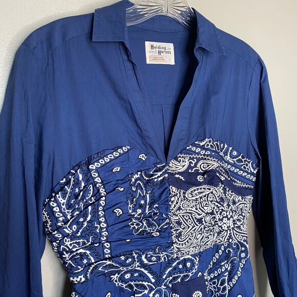 Anthropologie Blue and White Buttoned Sundress with Notched Collar - Picture 5 of 9